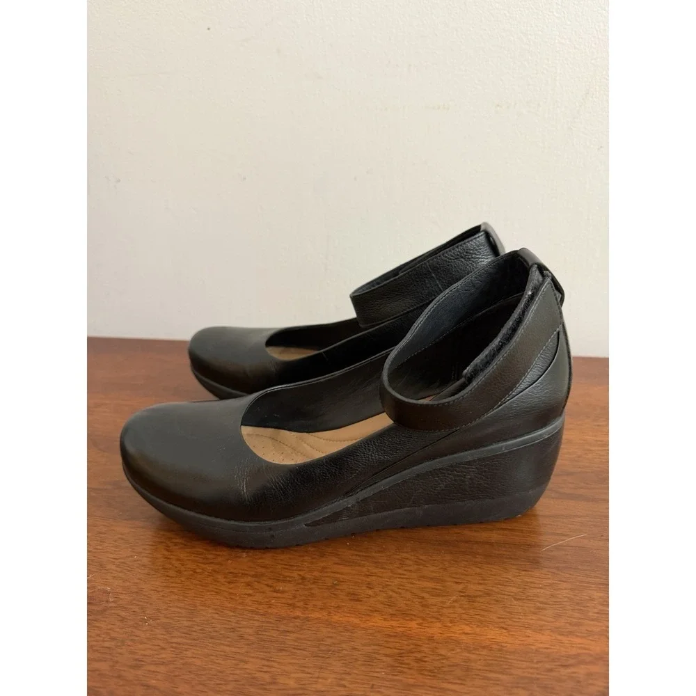 Clarks Black Clarene Tide Platform Wedge Shoes Pumps Ankle Straps Leather 8M